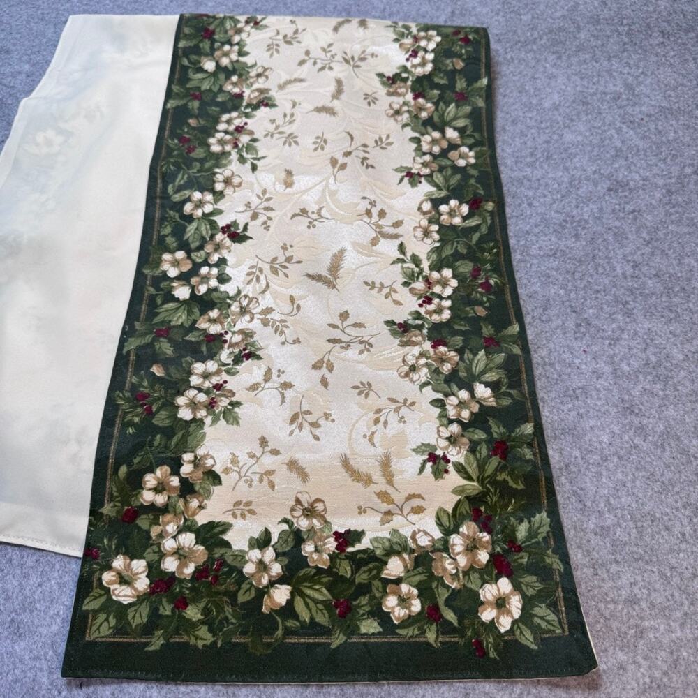Christmas Table Runner 90" Green Cream Floral Holly Jacquard Holiday Decor